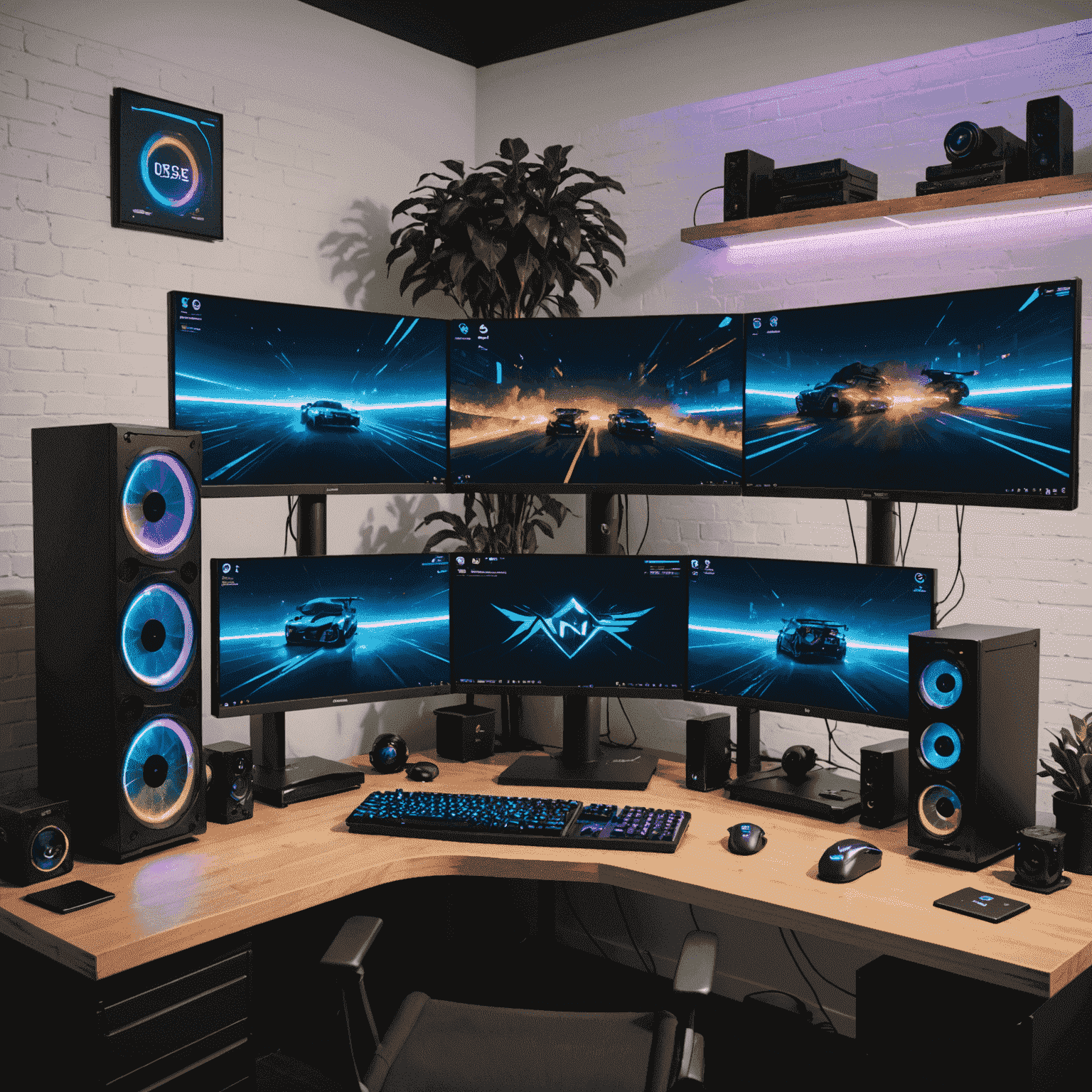 A high-performance gaming setup with multiple monitors, RGB lighting, and a powerful PC tower