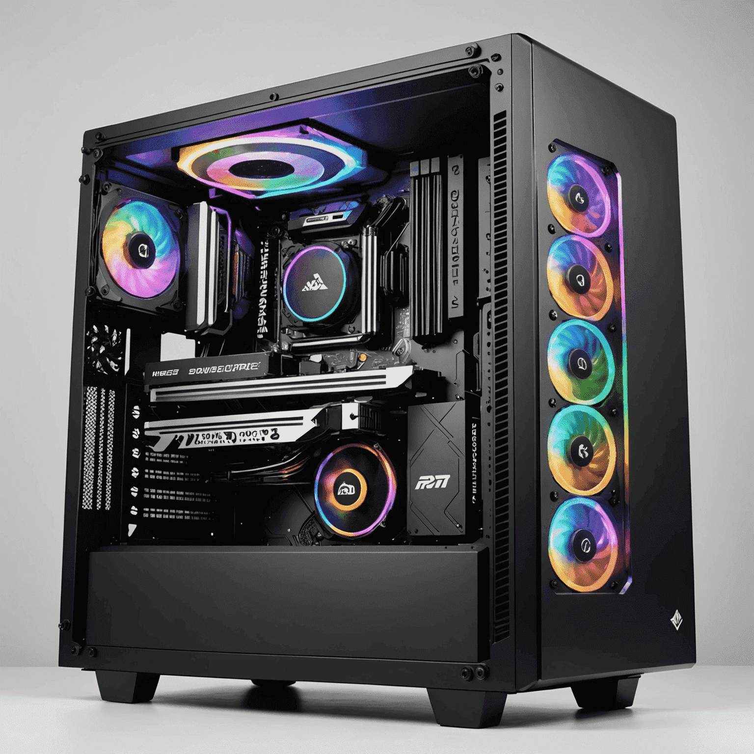 A high-performance gaming PC with RGB lighting, showcasing various components like a powerful GPU, liquid cooling system, and a sleek case design.