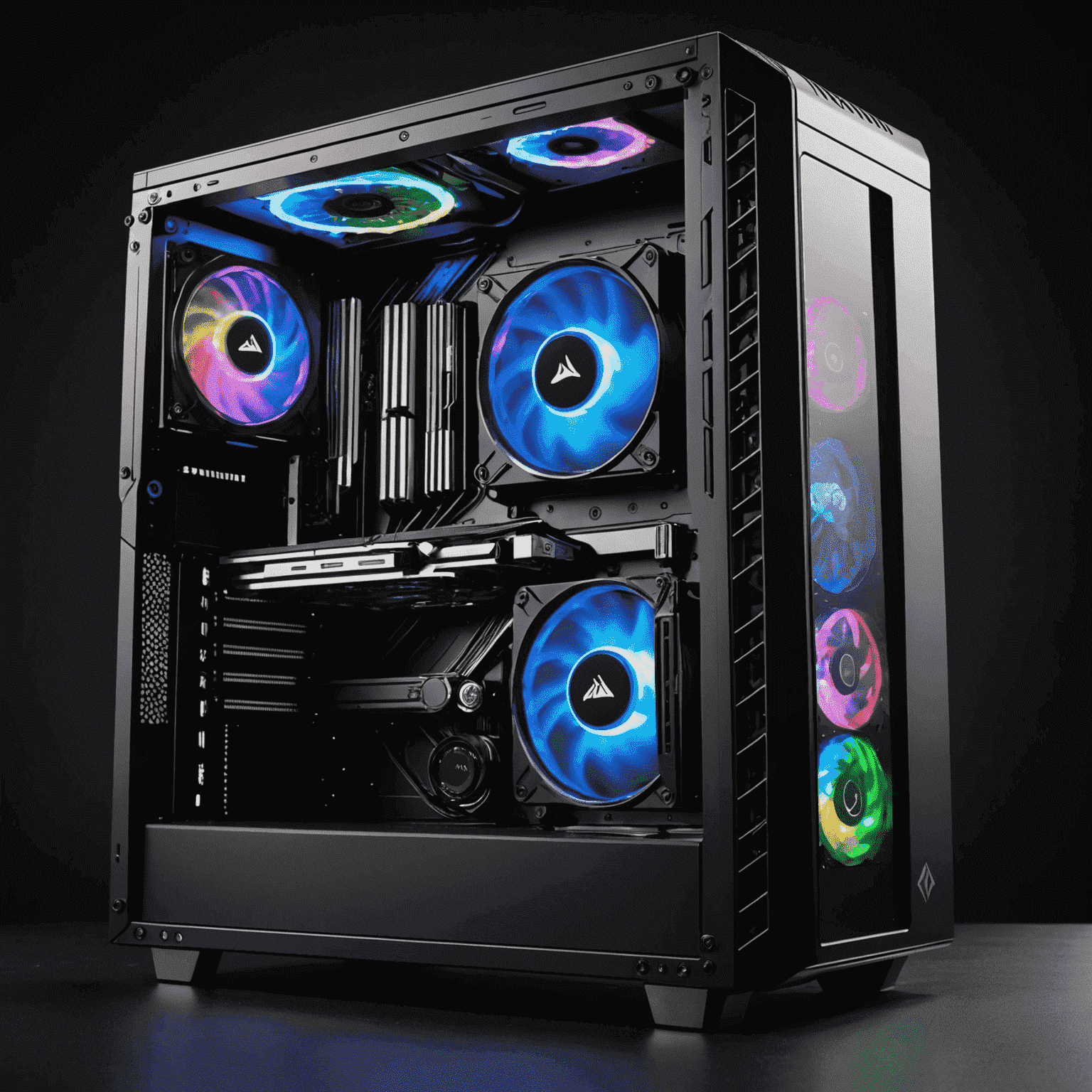 A high-performance gaming PC with RGB lighting, showcasing various components like a powerful GPU, liquid cooling system, and a sleek case design