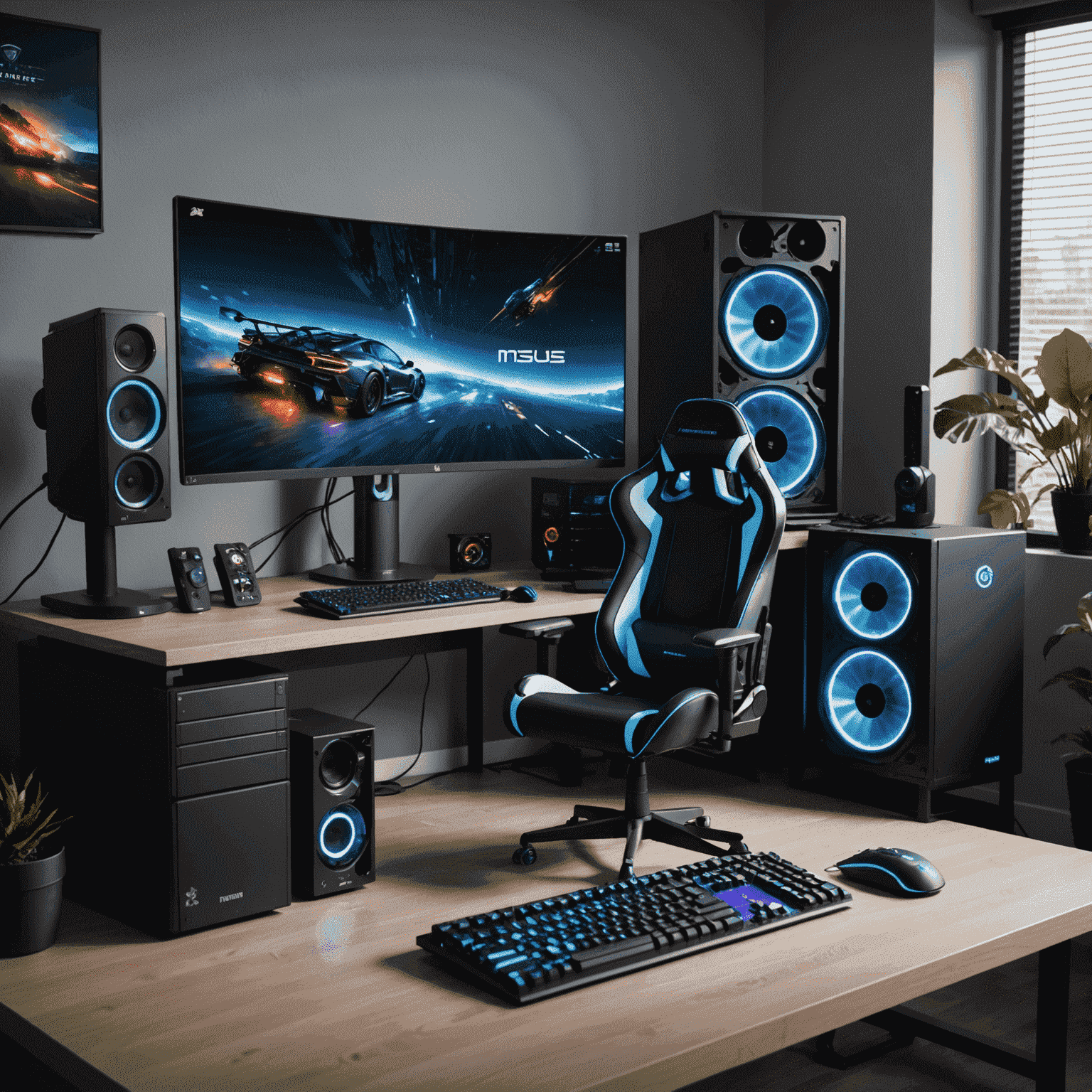 A high-performance gaming PC setup with RGB lighting, multiple monitors, and a sleek gaming keyboard and mouse
