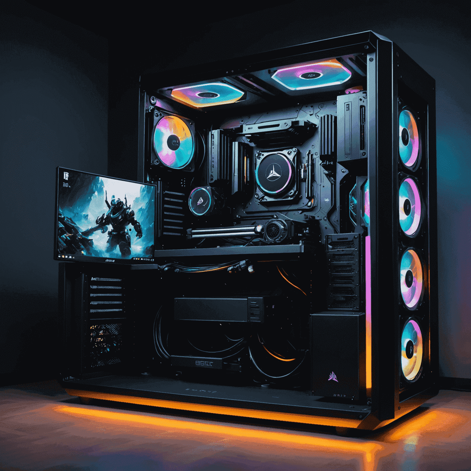 A high-end gaming PC setup with RGB lighting, showcasing a powerful graphics card, liquid cooling system, and a large gaming monitor