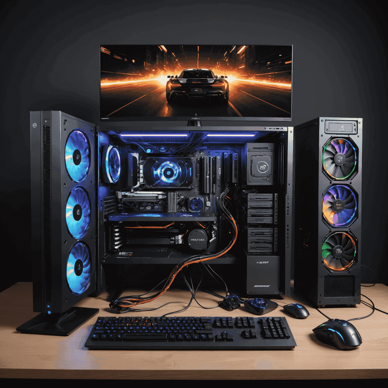 A gaming PC with visible CPU and GPU, surrounded by performance monitoring software on multiple screens. The image suggests the concept of overclocking for improved gaming performance.