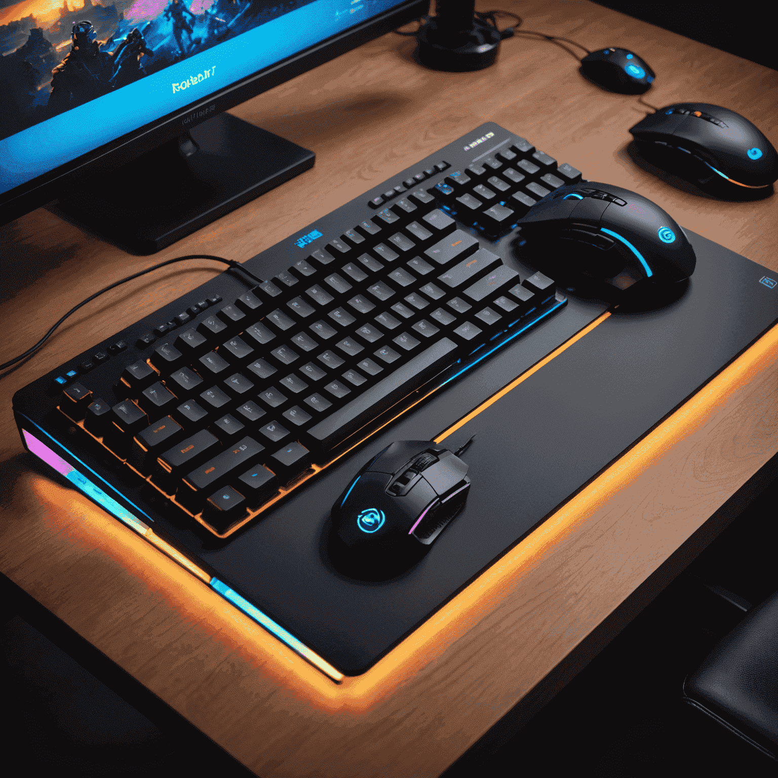 A high-end gaming keyboard with RGB backlighting, featuring mechanical switches and a sleek design. The keyboard is positioned on a desk next to a gaming mouse, showcasing its size and layout.