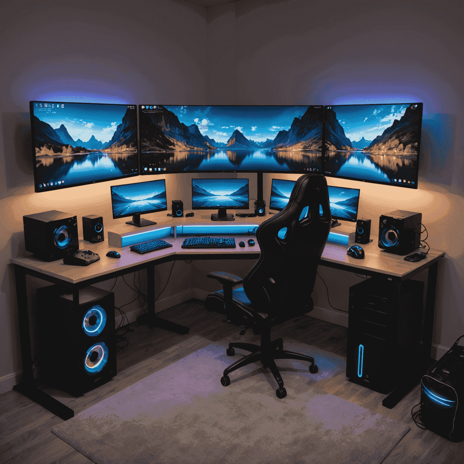 A gaming setup with multiple monitors, a high-end PC, and RGB lighting, showcasing an optimized Windows environment for gaming