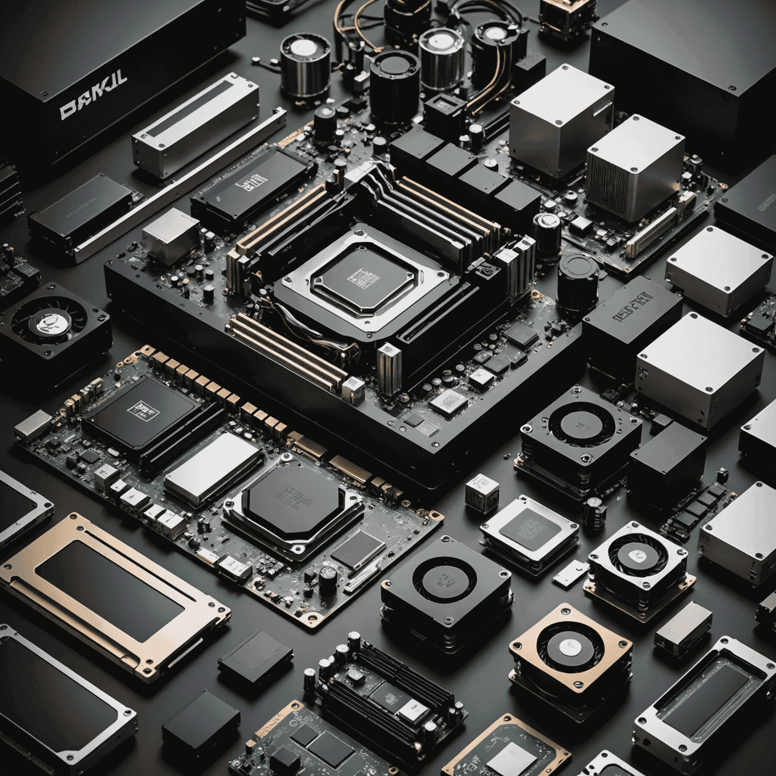 An array of high-end PC components including a powerful CPU, graphics card, RAM modules, and SSD drives, arranged neatly on a clean surface.