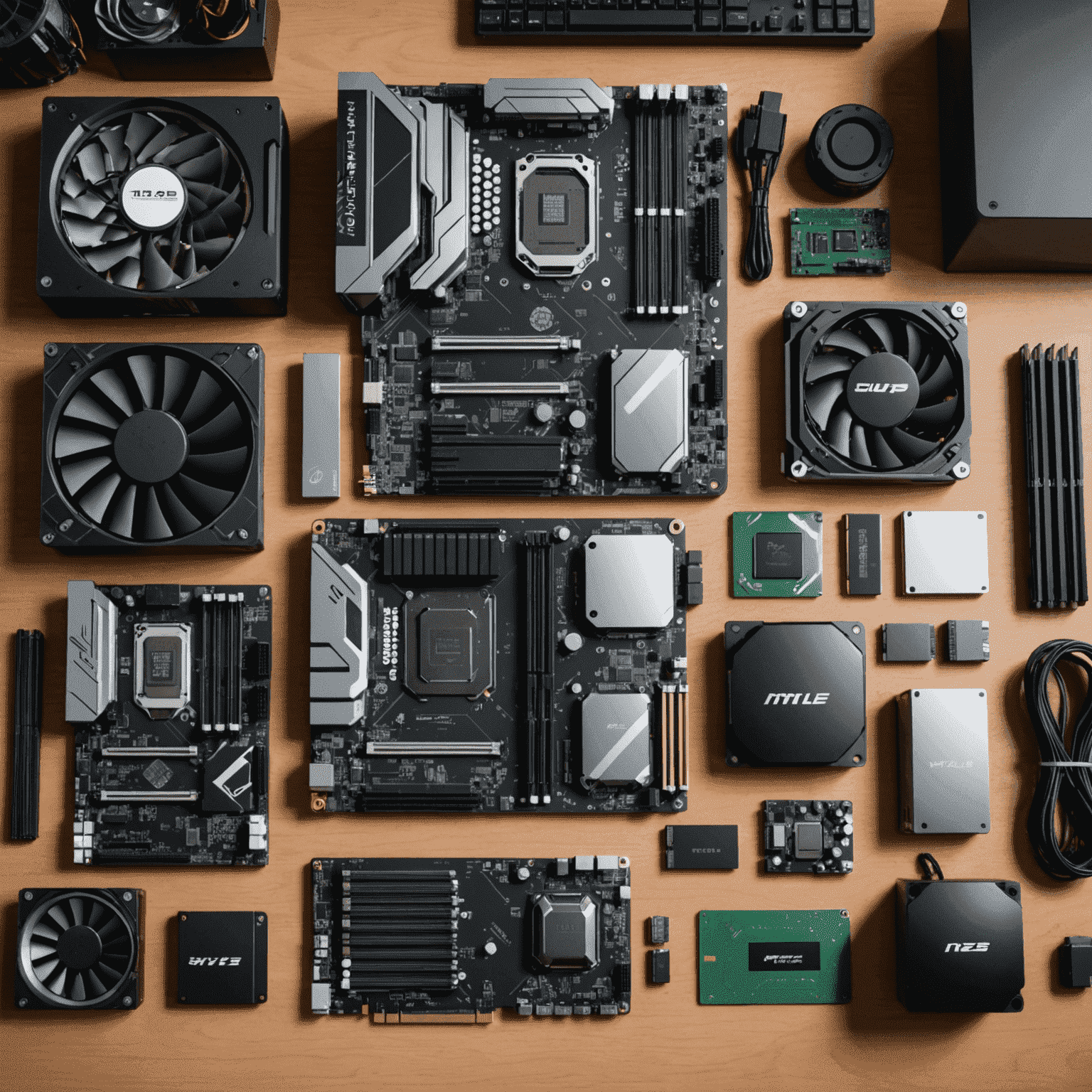 An array of high-end PC components including a powerful CPU, GPU, RAM sticks, and SSD drives, arranged neatly on a desk