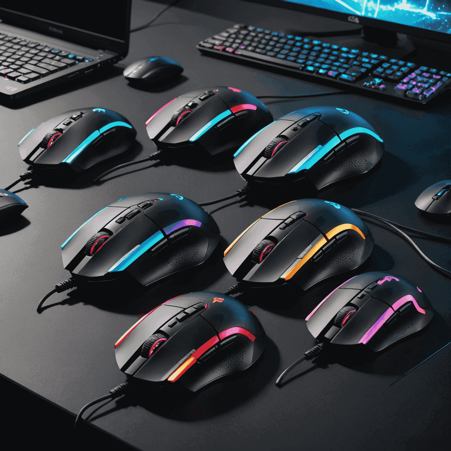 A collection of high-performance gaming mice, showcasing different ergonomic designs and button layouts. The mice are arranged on a mousepad with RGB lighting, emphasizing their gaming-focused features.
