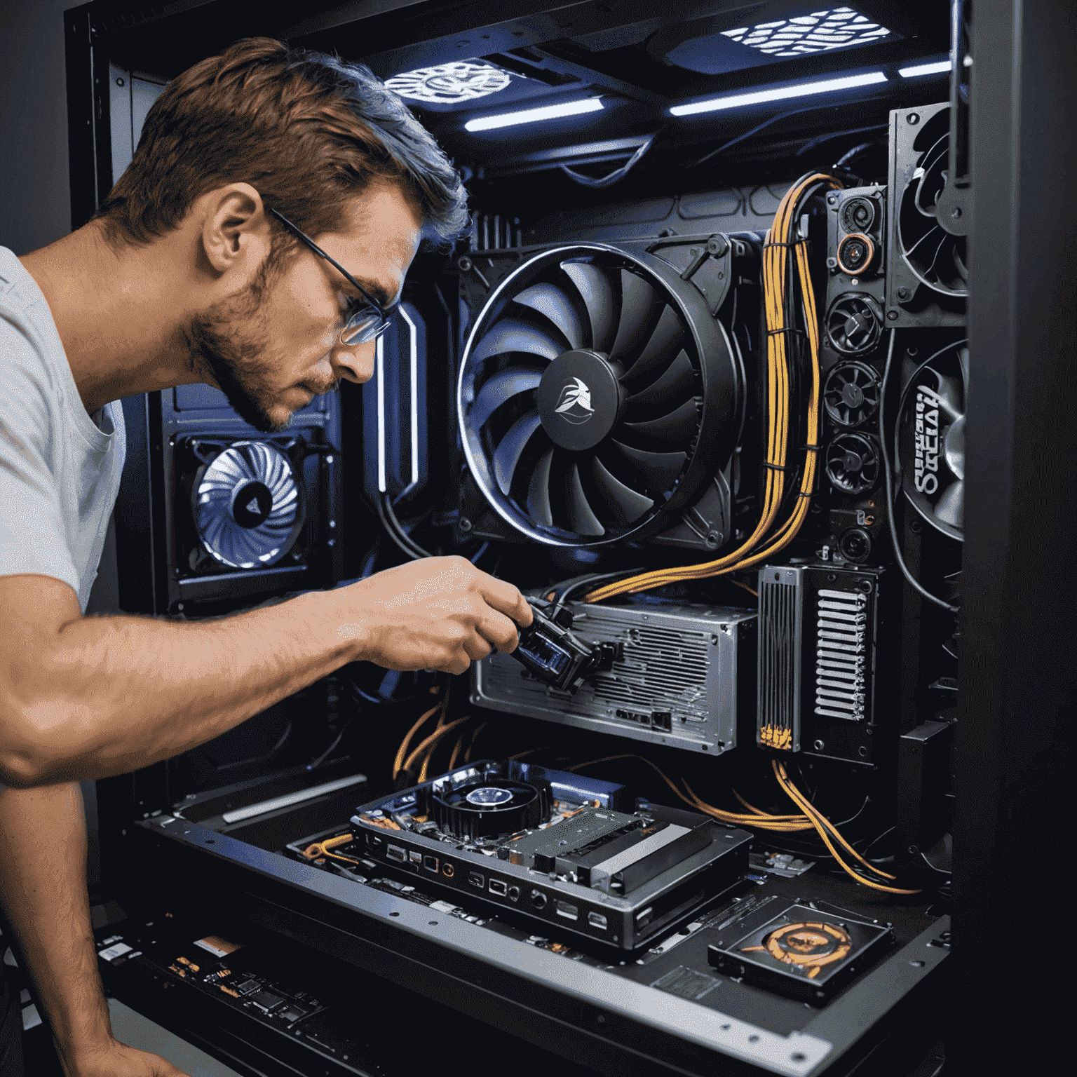 A person cleaning the inside of a gaming PC, removing dust from fans and components