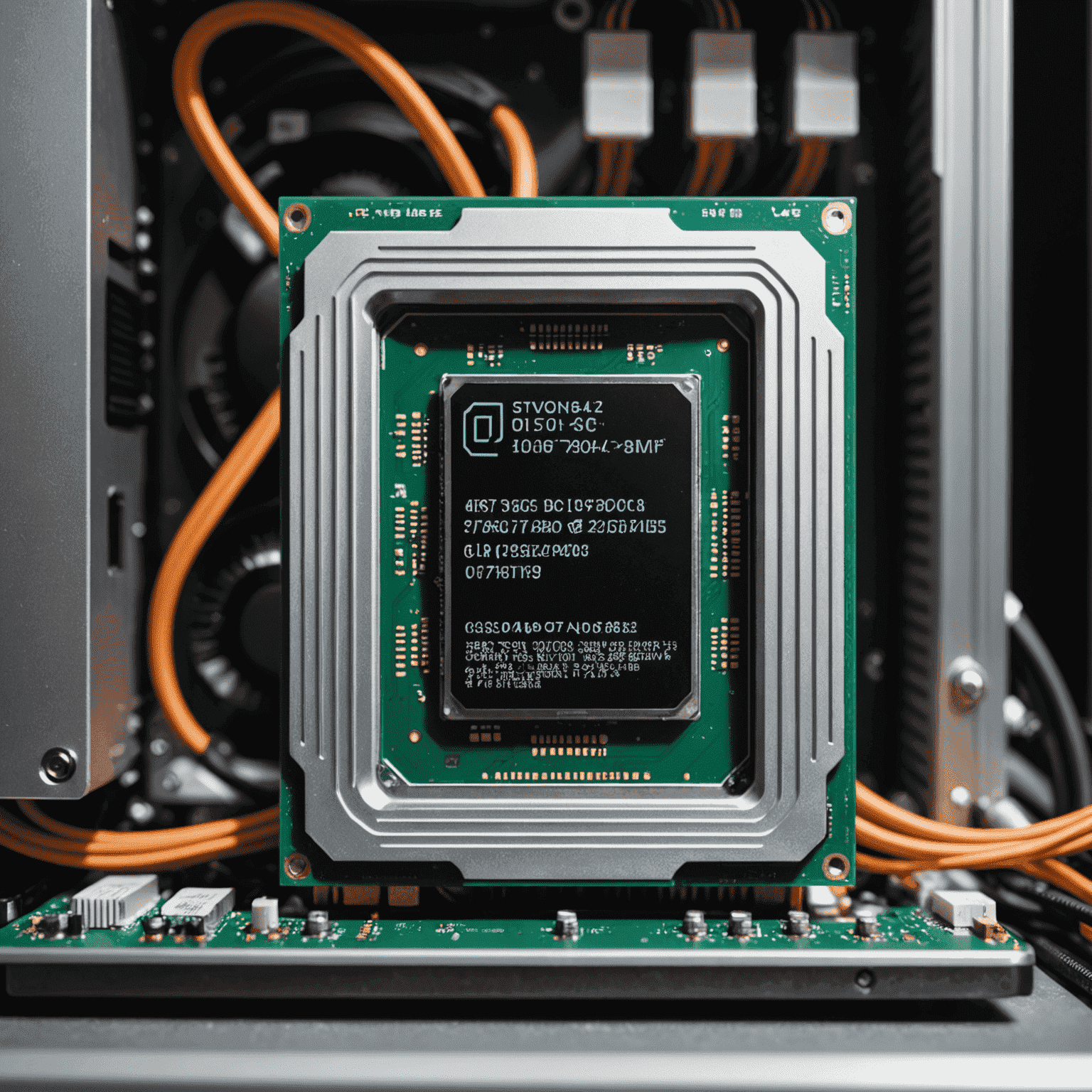 A close-up of a computer's BIOS screen showing overclocking settings, with a CPU and cooling system visible in the background.