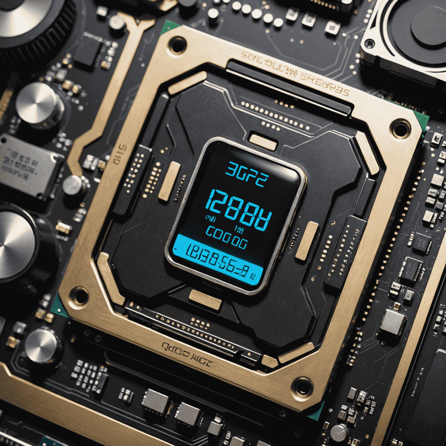 A close-up of a CPU and GPU with visual representations of clock speeds and temperature gauges, indicating the process of safe overclocking