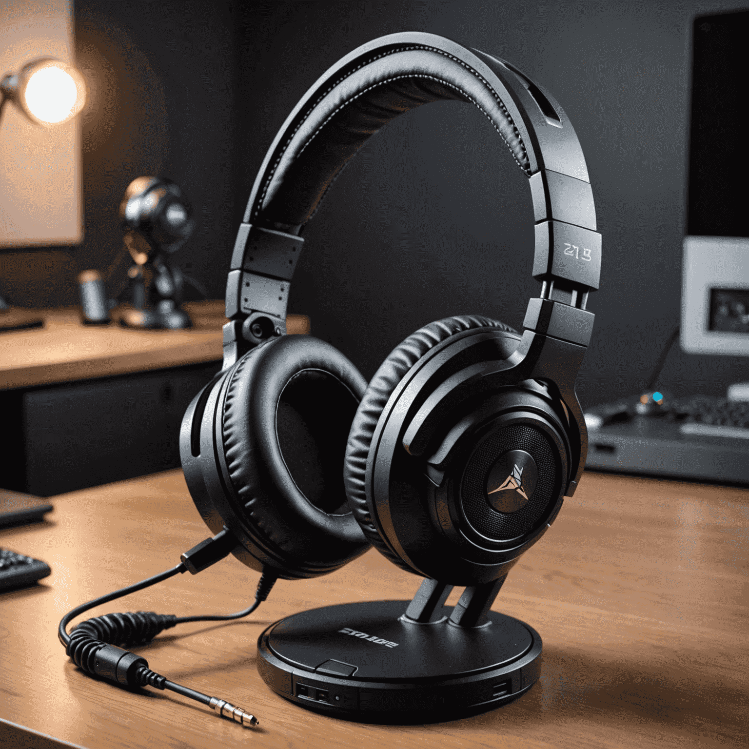 A premium gaming headset with large, cushioned ear cups and a retractable microphone. The headset is shown on a stand, highlighting its build quality and design features that contribute to comfort and audio performance.