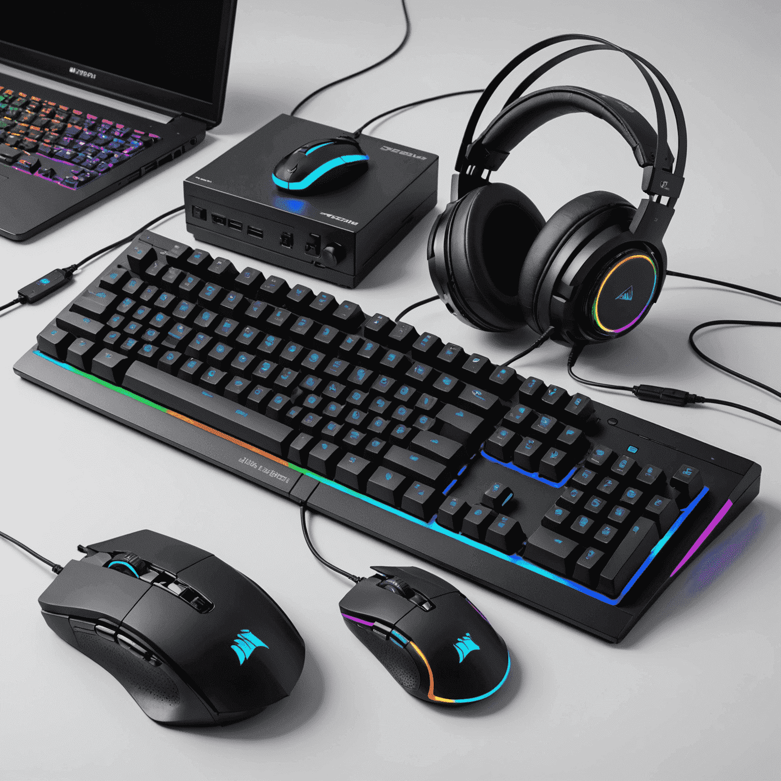 A collection of high-end gaming peripherals including a mechanical keyboard with RGB backlighting, a precision gaming mouse, and a surround sound headset