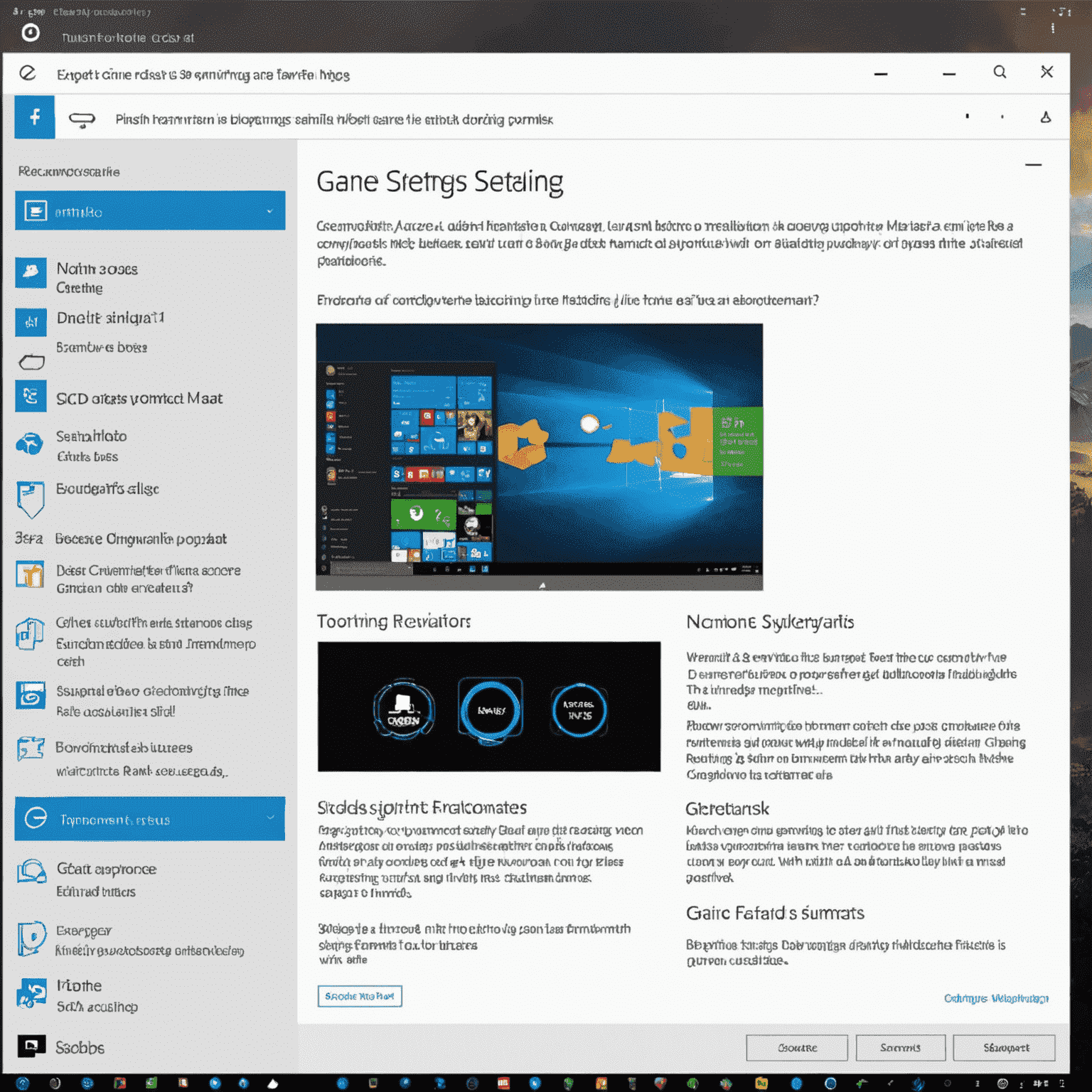A screenshot of Windows 10 settings panel with gaming-related options highlighted, alongside German text indicating expert tips